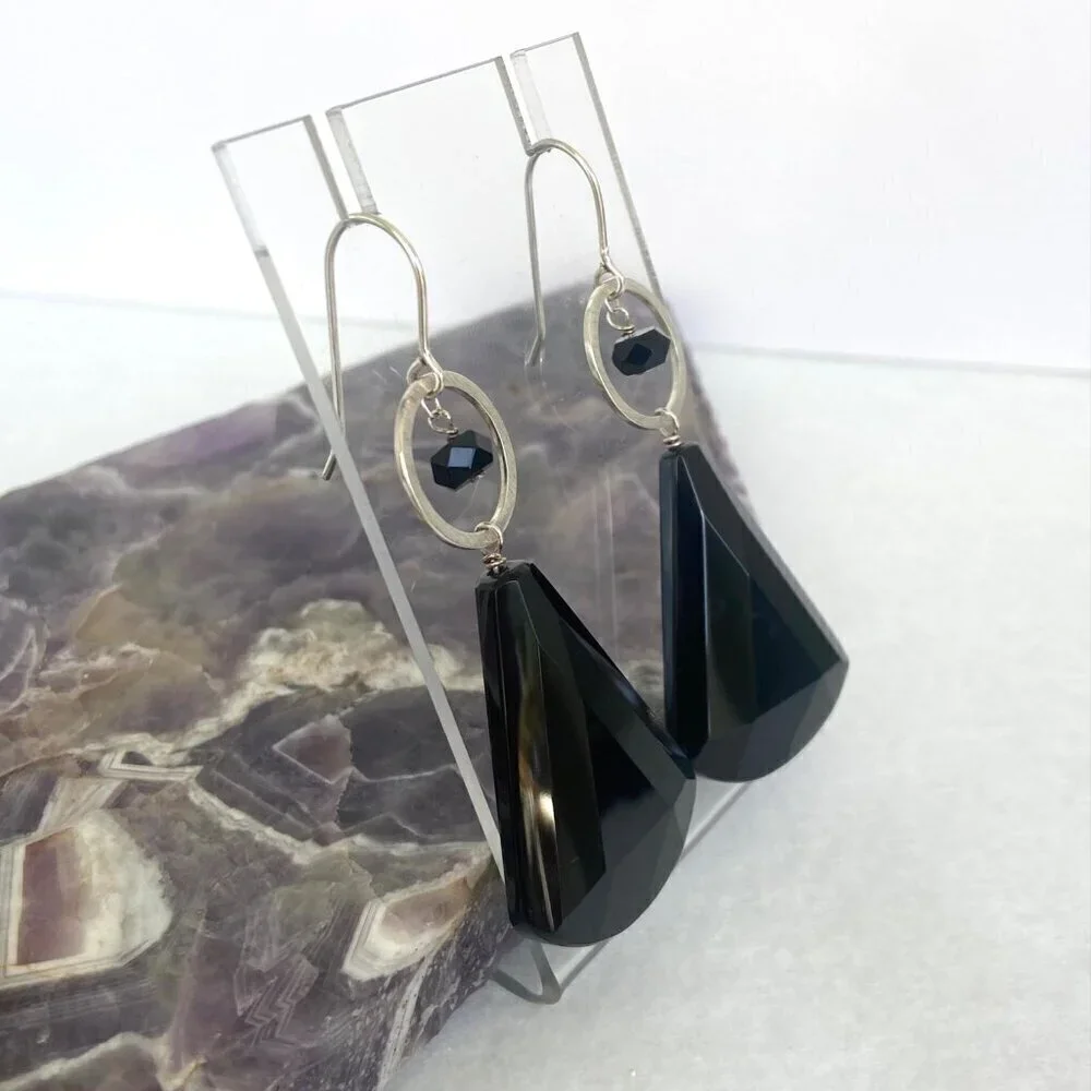 Deb Guyot Sterling Silver 925 Faceted Teardrop Black Tourmaline Dangle Earrings